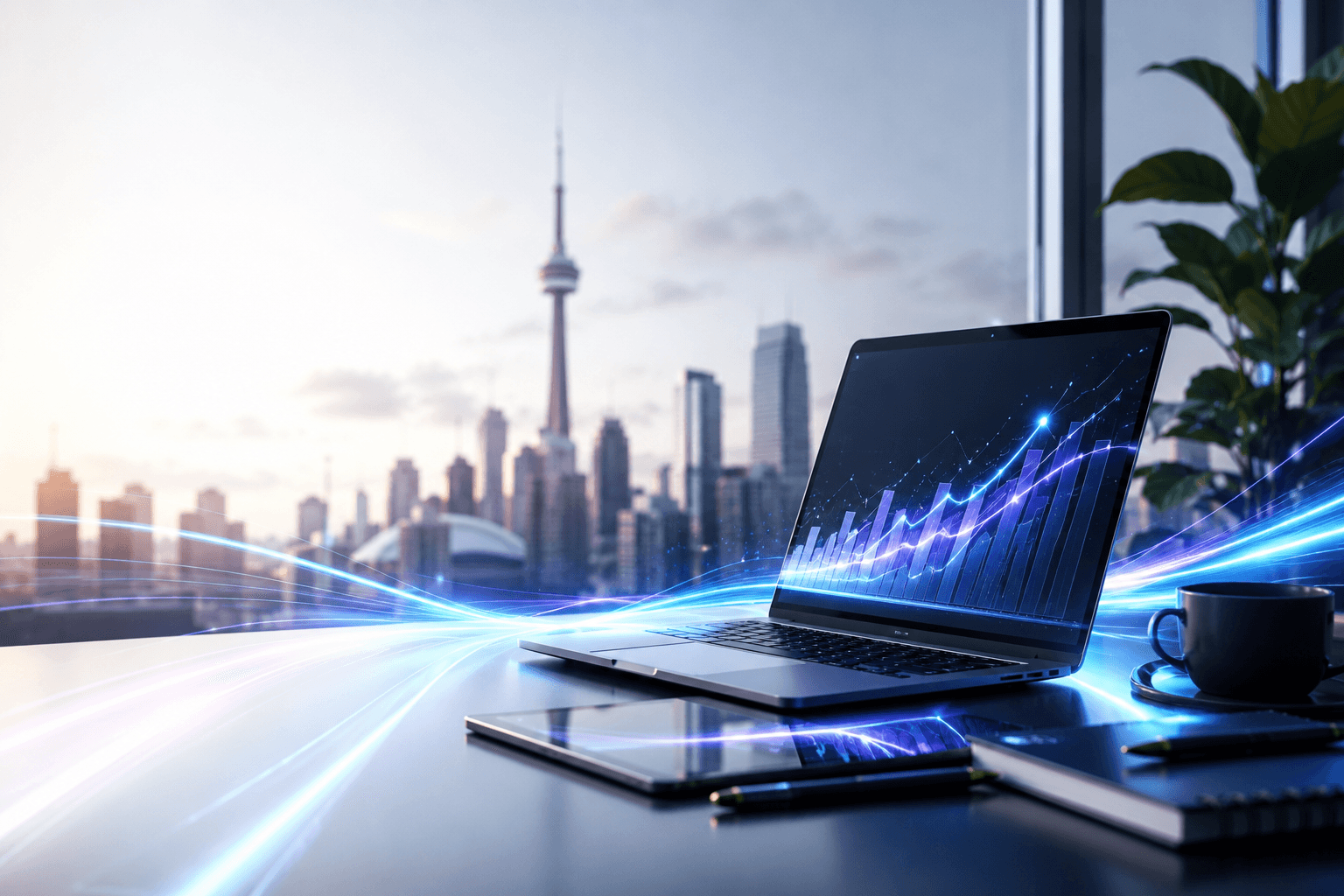 Campaign planning workspace with city backdrop